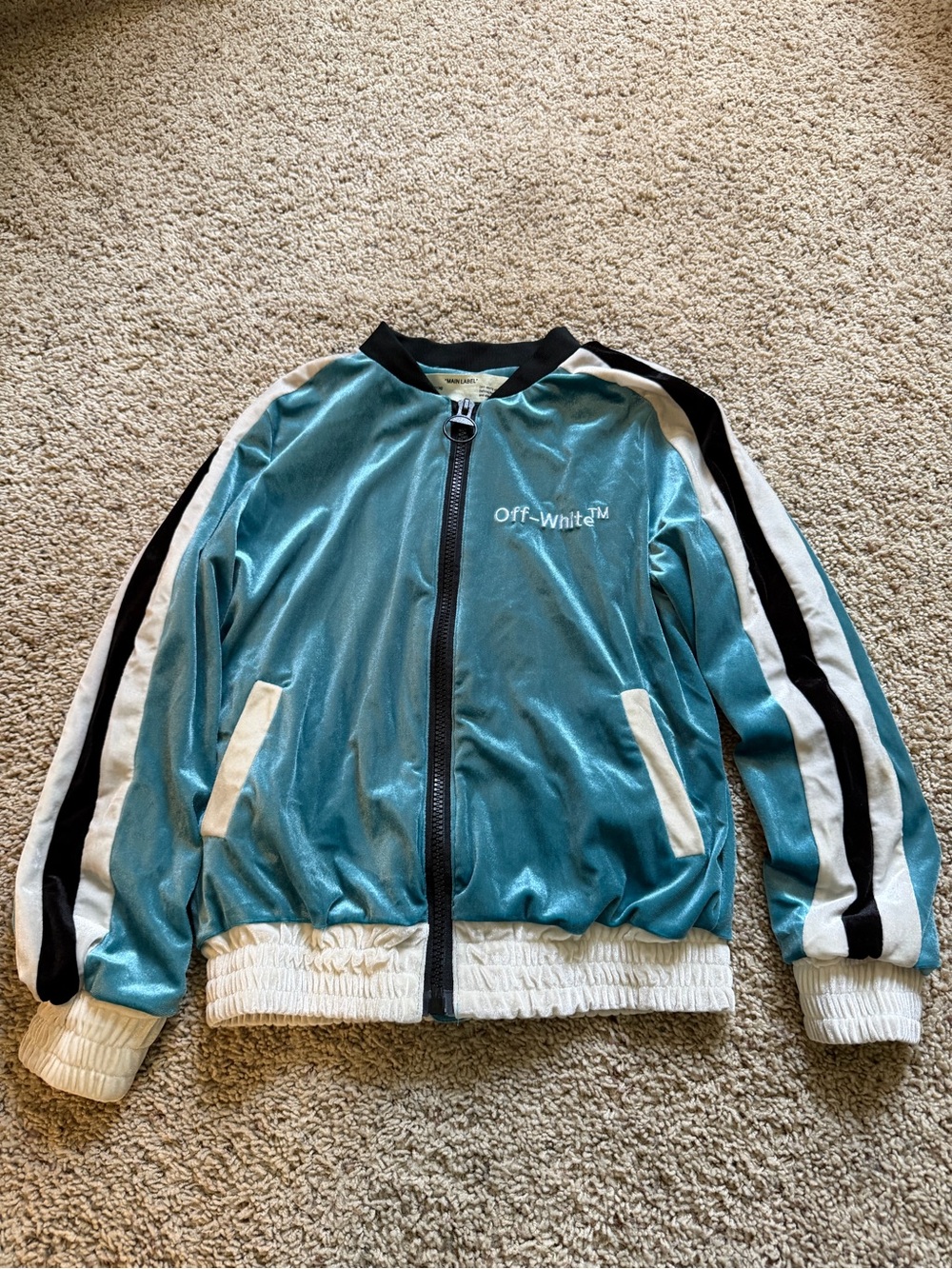 Off-White Teal Velour Zip Bomber with Black Trim - Small